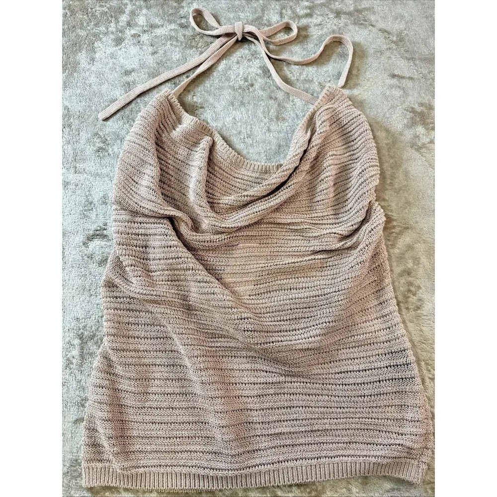 Guess Halter Top Womens Size L Champagne Color SL Rhea Cowl Neck Milk Tea - Picture 2 of 16